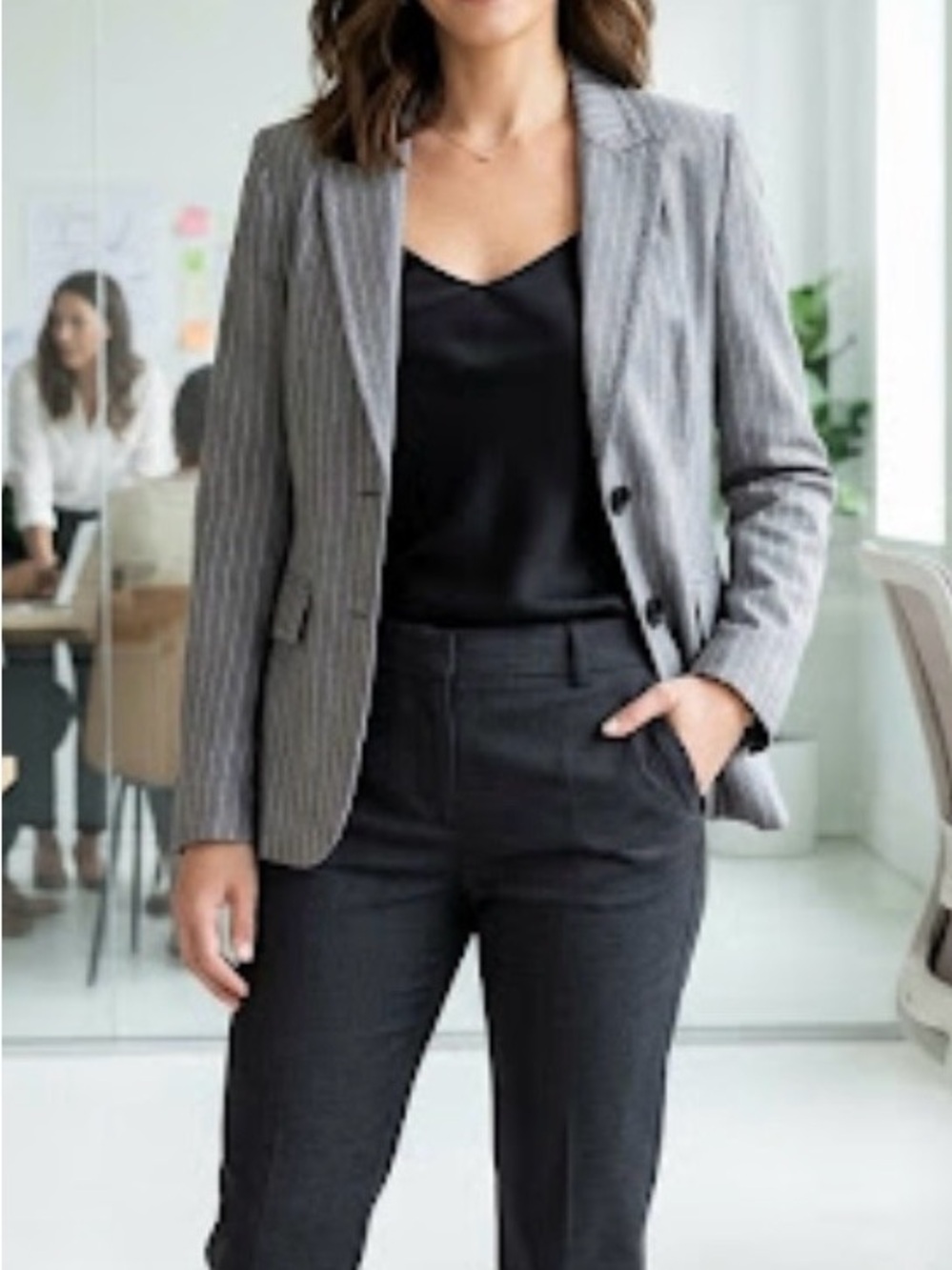 Jones New York Suit Grey Pinstripe Herringbone Blazer Jacket Sz 8 Stitch Detail